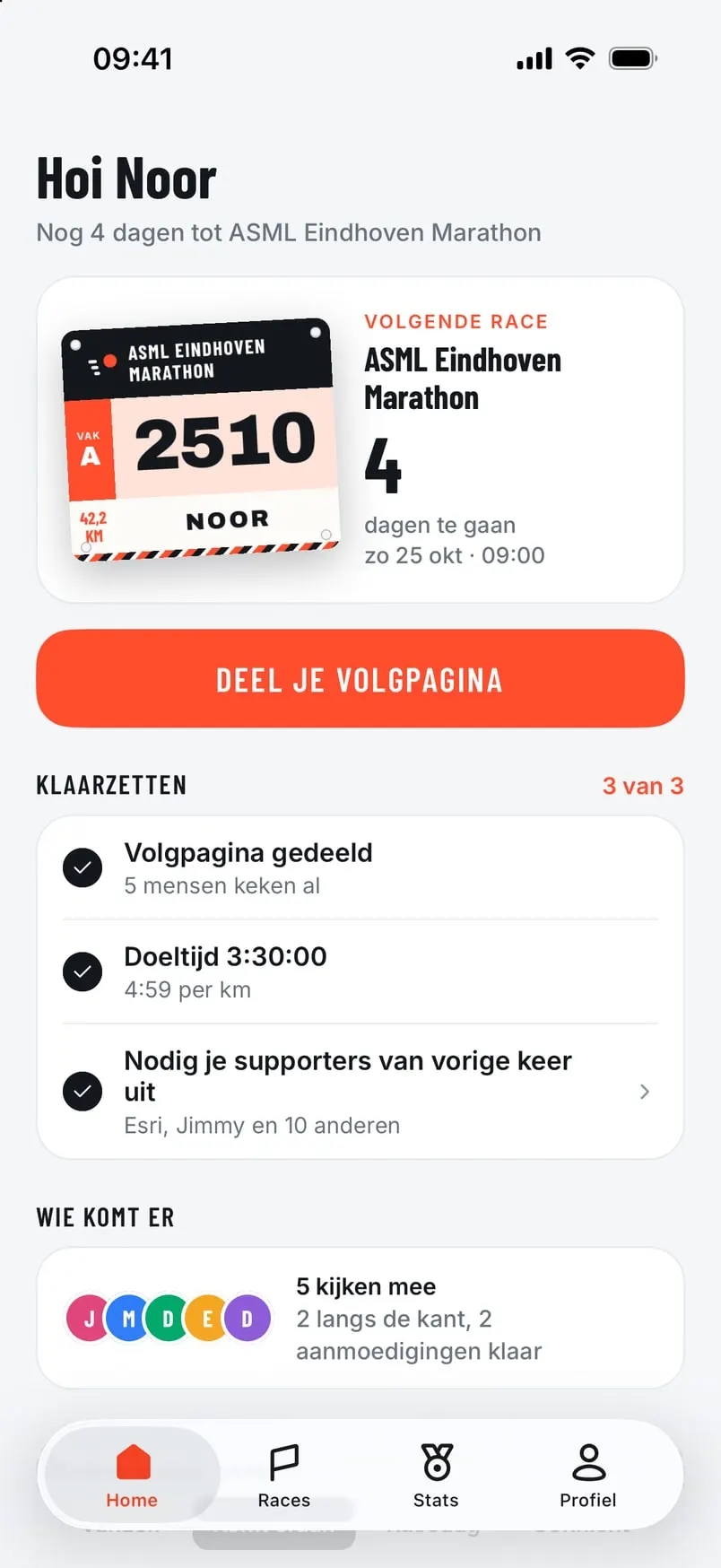 Je volgende race in de app, met je startnummer